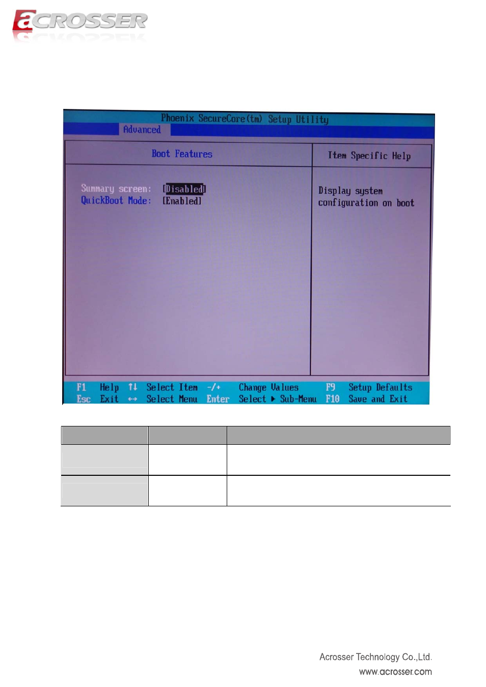 Boot features setup, Summary screen, Quickboot mode | Acrosser AND-D525N2 User Manual | Page 32 / 38