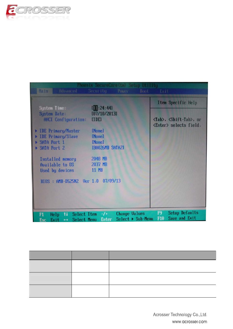 Main setup, System time, System date | Ahci config | Acrosser AND-D525N2 User Manual | Page 12 / 30