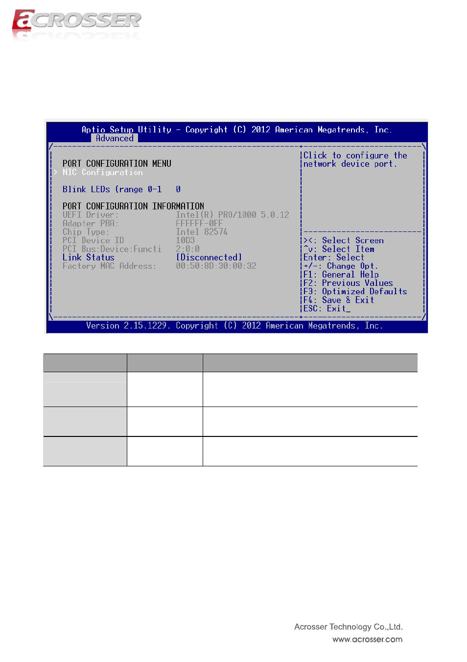 Nic configuration, Blink leds (range 0-1, Link status | Intel(r) 82574l gigabit network connection | Acrosser ANR-IH61N1/A/B User Manual | Page 26 / 57
