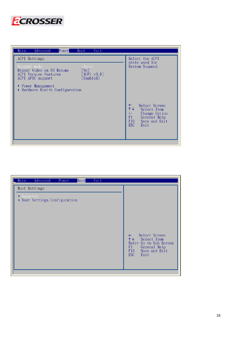 3 power (acpi setting), 4 boot (boot settings) | Acrosser AR-R6000 User Manual | Page 16 / 22