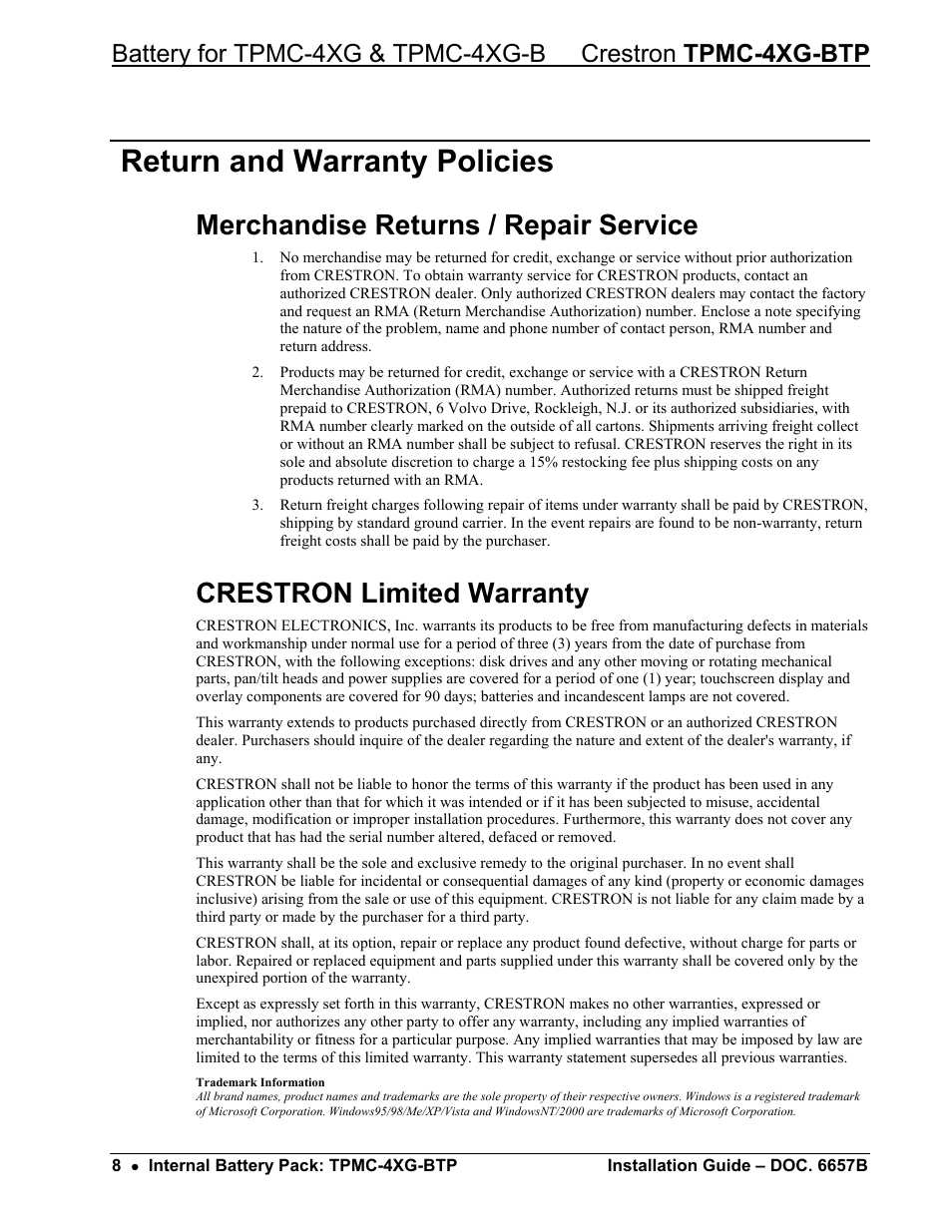 Return and warranty policies, Merchandise returns / repair service, Crestron limited warranty | Crestron electronic Internal Battery Pack TPMC-4XG-BTP User Manual | Page 10 / 12