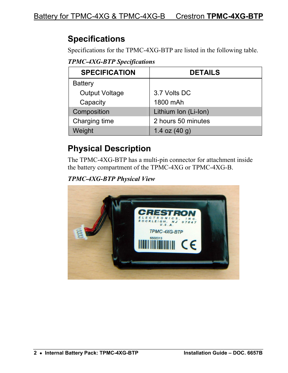 Specifications, Physical description | Crestron electronic Internal Battery Pack TPMC-4XG-BTP User Manual | Page 4 / 12