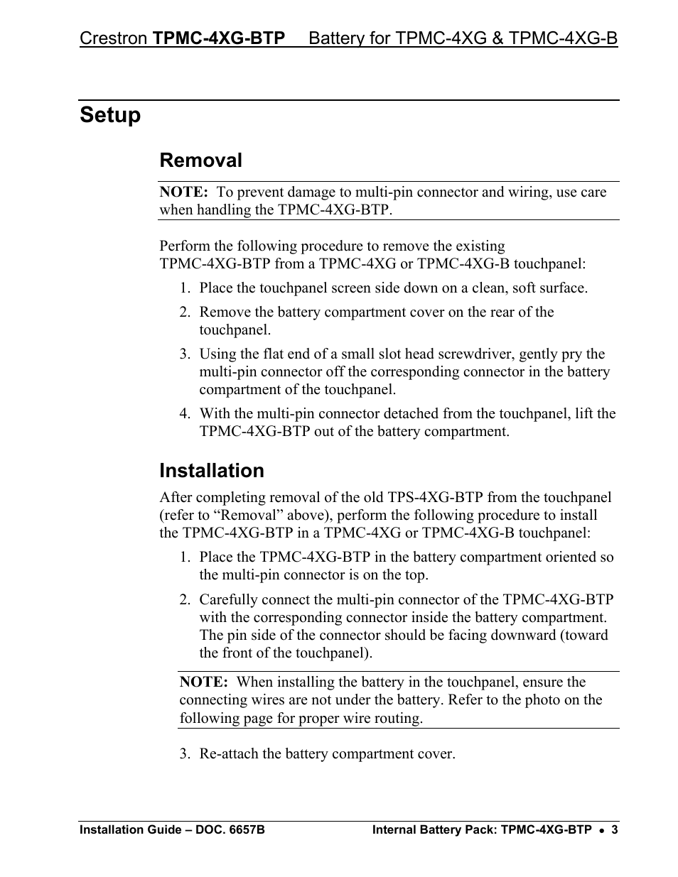 Setup, Removal, Installation | Crestron electronic Internal Battery Pack TPMC-4XG-BTP User Manual | Page 5 / 12