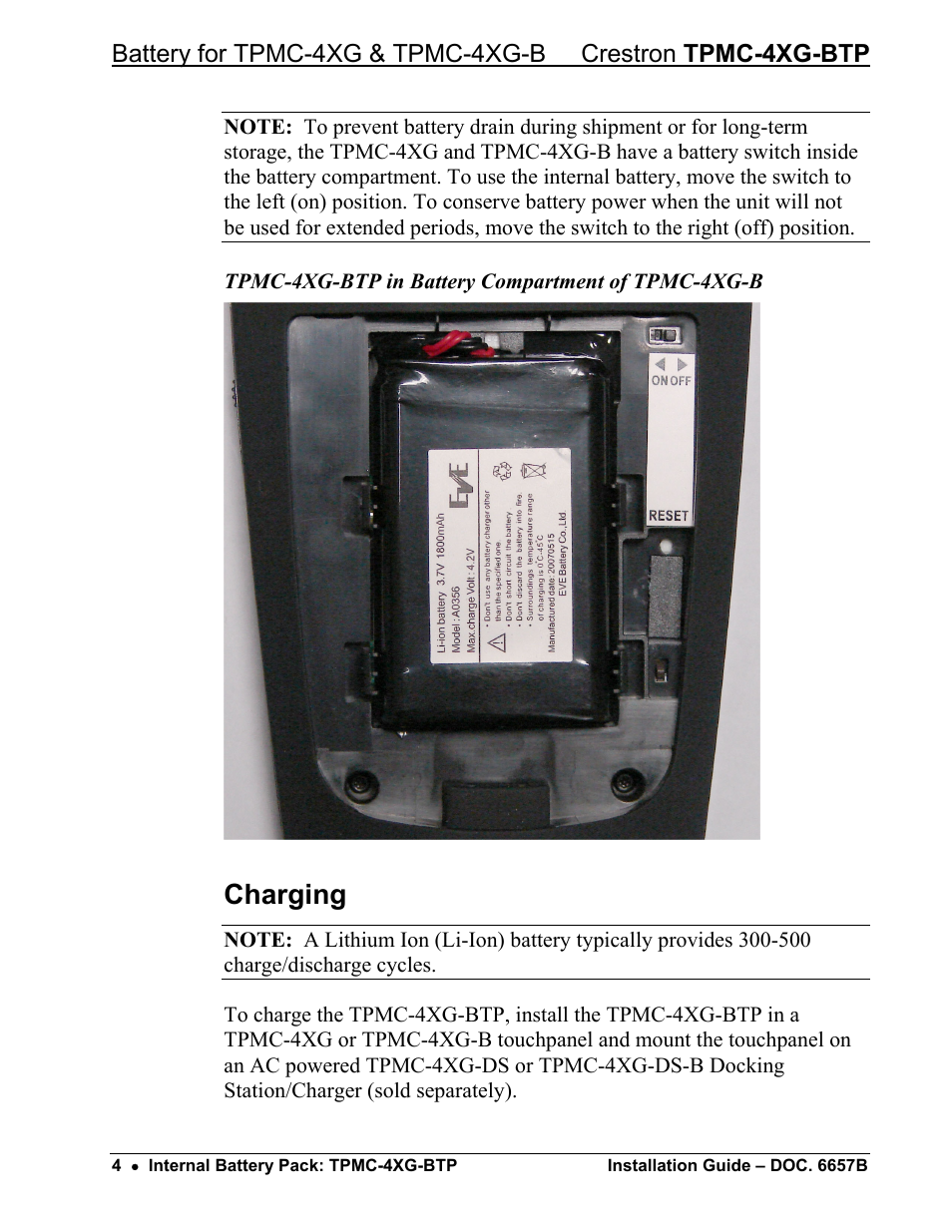 Charging | Crestron electronic Internal Battery Pack TPMC-4XG-BTP User Manual | Page 6 / 12