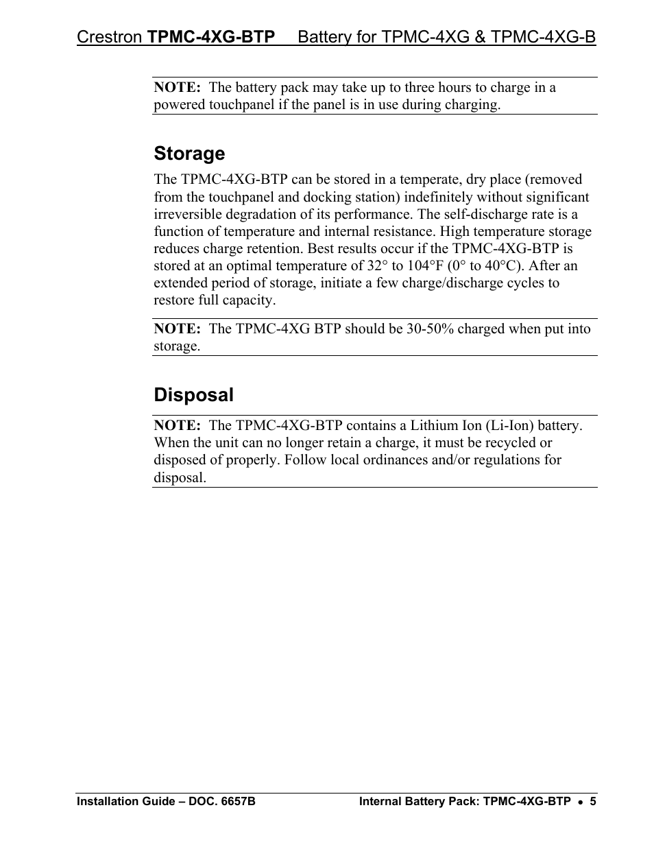 Storage, Disposal | Crestron electronic Internal Battery Pack TPMC-4XG-BTP User Manual | Page 7 / 12