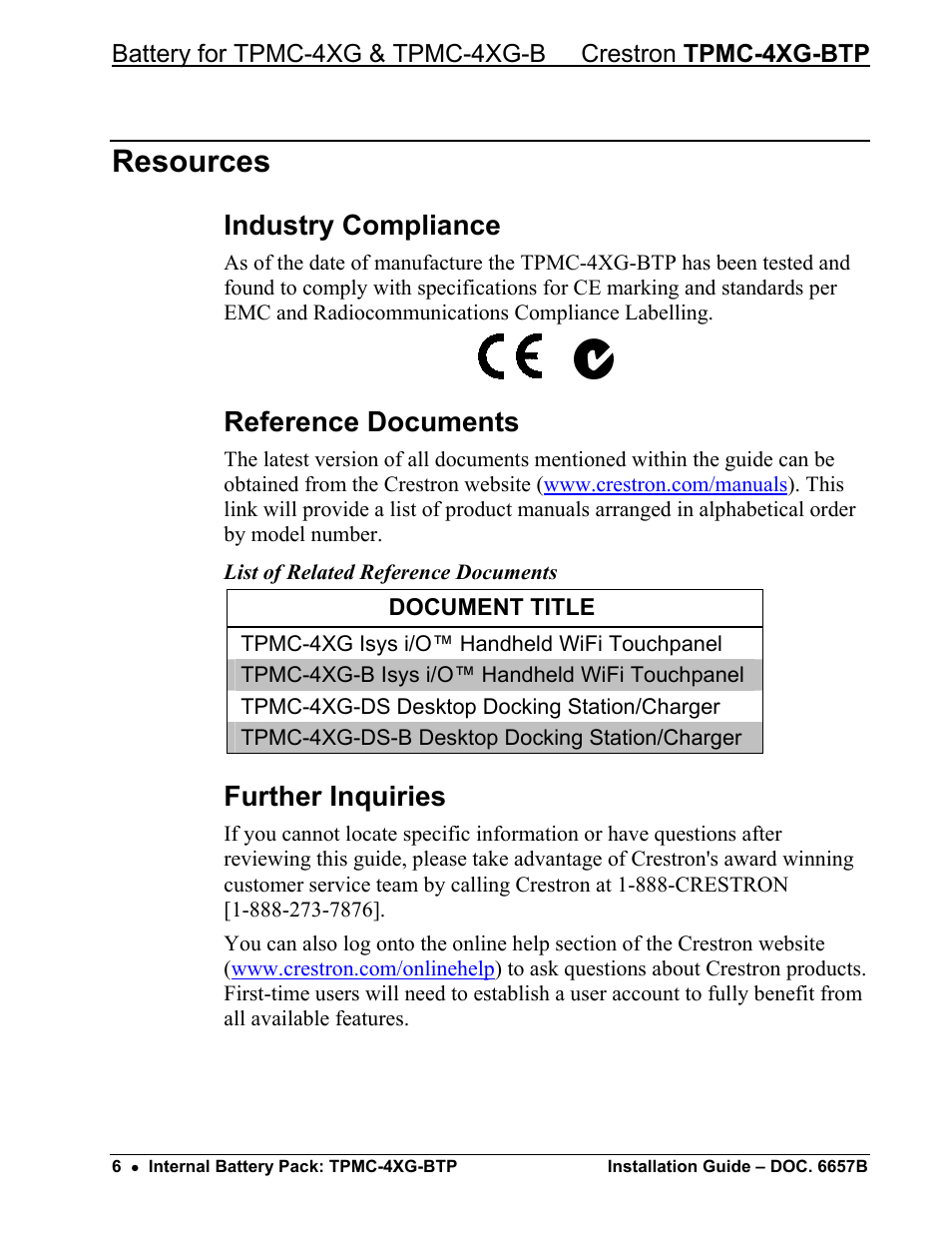 Resources, Industry compliance, Reference documents | Further inquiries | Crestron electronic Internal Battery Pack TPMC-4XG-BTP User Manual | Page 8 / 12