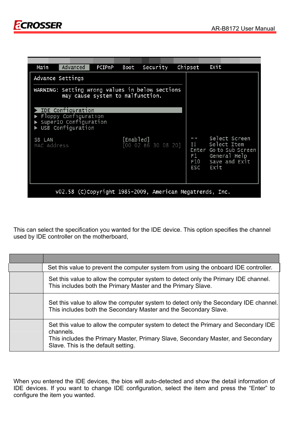 2 advanced setup, 1 ide configuration | Acrosser AR-B8172 User Manual | Page 19 / 36