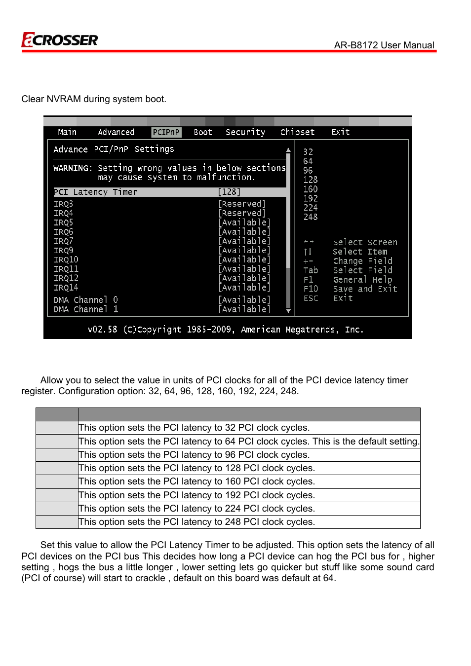 3 pcipnp, 1 clear nvram, 2 pci latency timer | Acrosser AR-B8172 User Manual | Page 21 / 36
