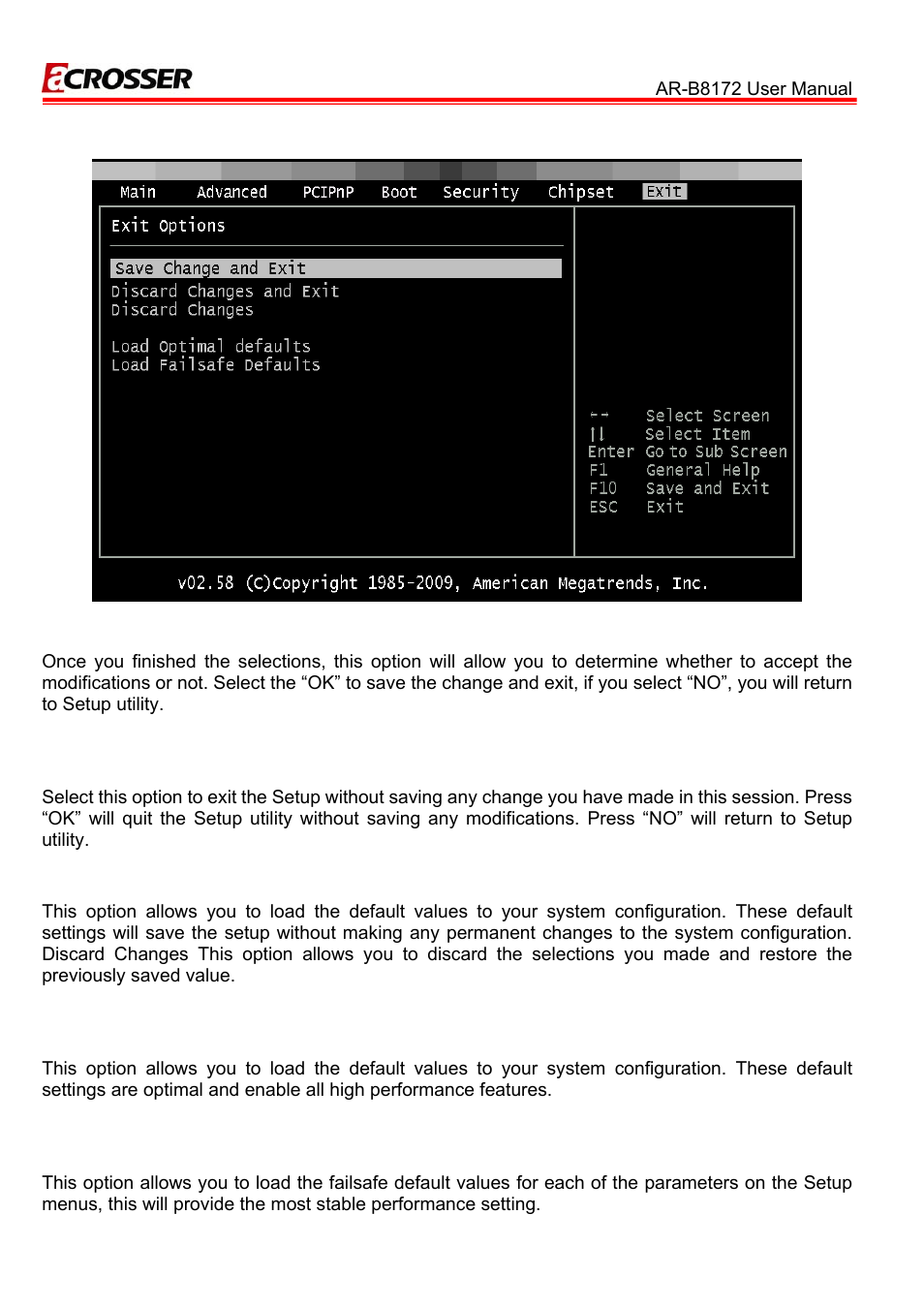 7 exit, 1 save changes and exit, 2 discard change and exit | 3 discard change, 4 load optimal defaults, 5 load failsafe defaults | Acrosser AR-B8172 User Manual | Page 28 / 36