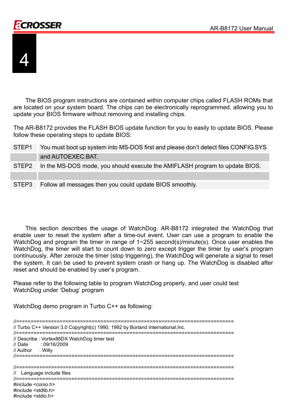 4 bios refreshing, watchdog and gpio programming, 1 bios refreshing, 2 watchdog programming | Bios refreshing, watchdog and gpio programming | Acrosser AR-B8172 User Manual | Page 29 / 36