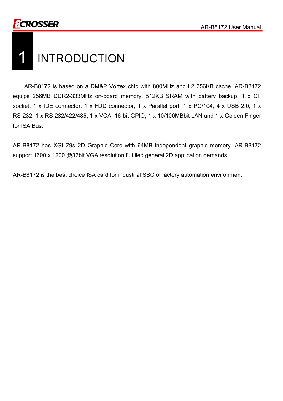 1 introduction, Introduction | Acrosser AR-B8172 User Manual | Page 5 / 36