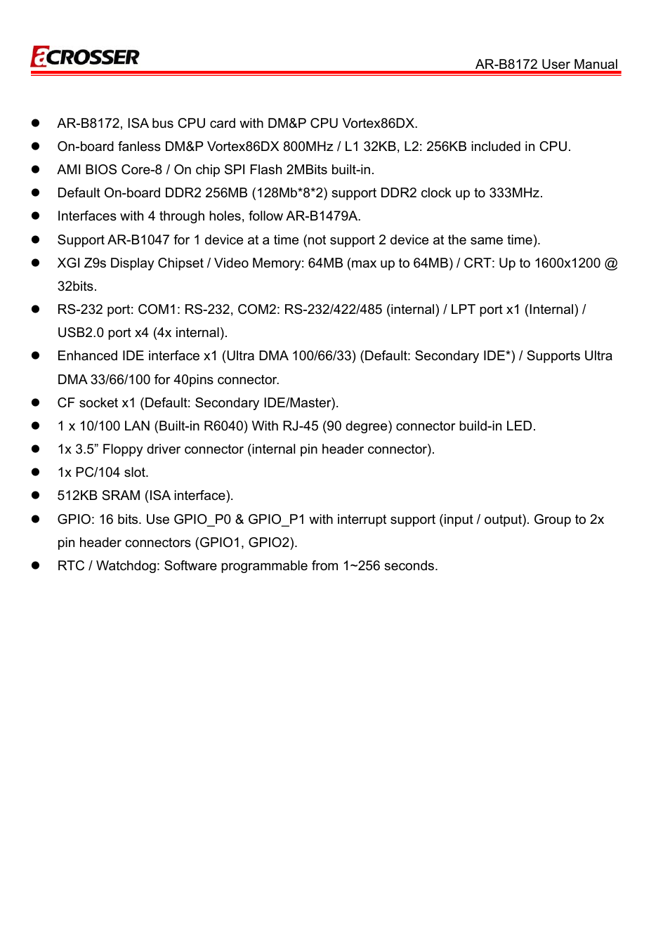 1 specifications, Specifications | Acrosser AR-B8172 User Manual | Page 6 / 36