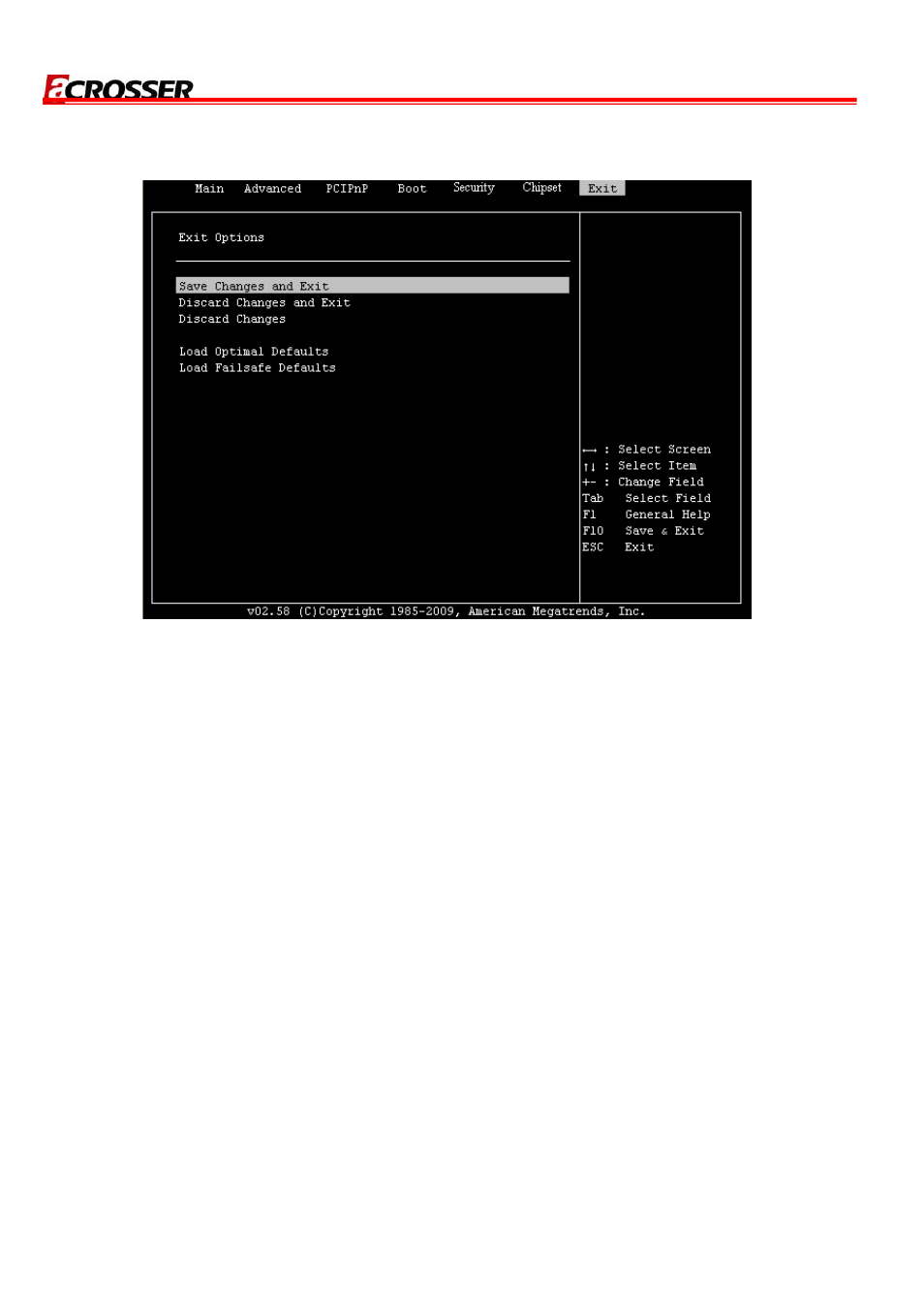 7 exit, 1 save changes and exit, 2 discard change and exit | 3 discard change, 4 load optimal defaults, 5 load failsafe defaults | Acrosser AR-B8170 User Manual | Page 28 / 36