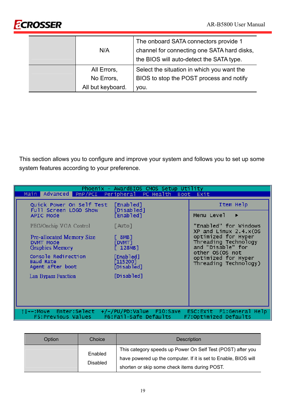 Sata channel 1/2, Halt on, Quick power on self test | 2 advanced chipset setup | Acrosser AR-R5800A User Manual | Page 19 / 40