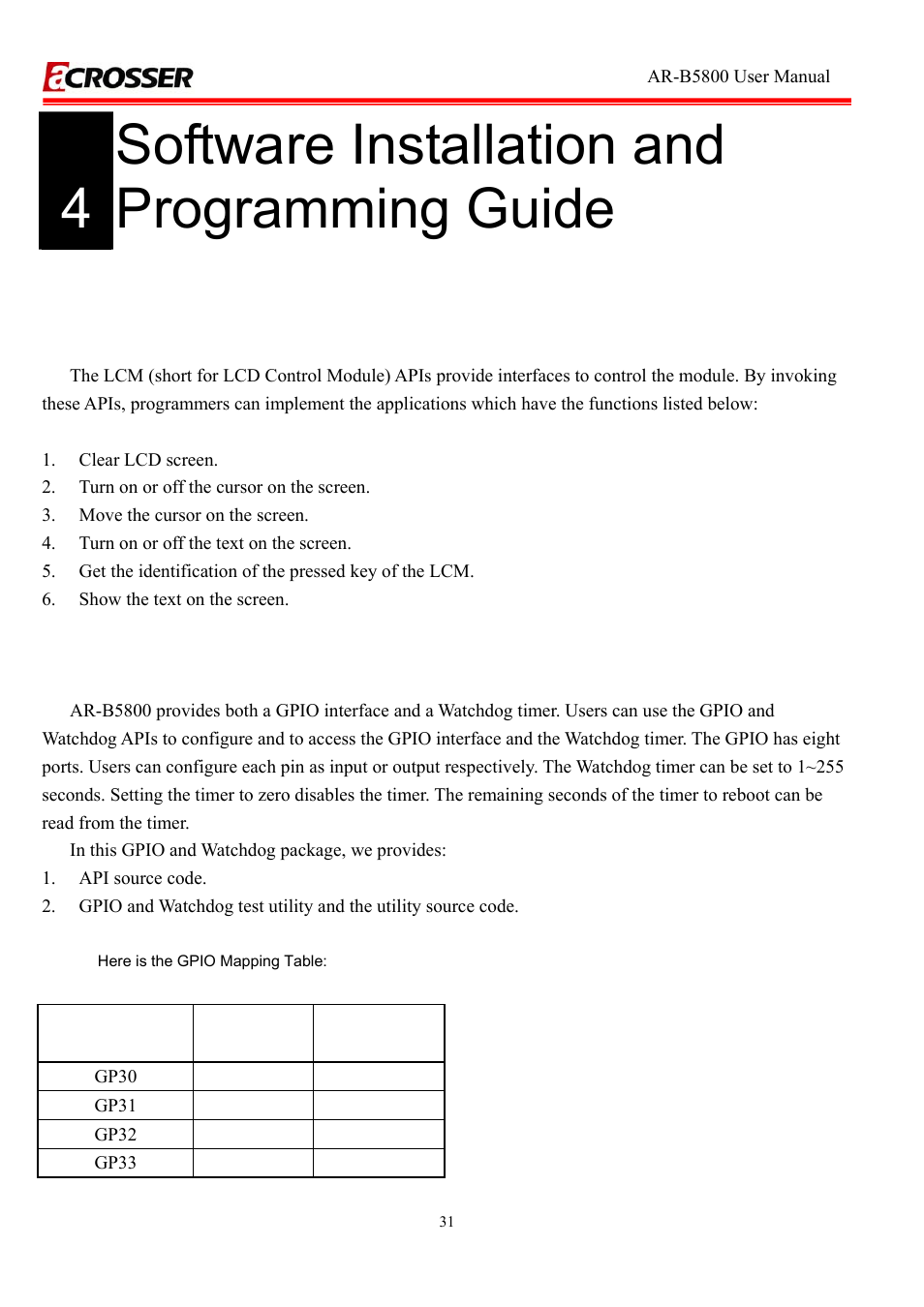 1 introduction, Lcd control module, Overview | Gpio and watchdog, 4 software installation and programming guide31, Introduction, 4software installation and programming guide | Acrosser AR-R5800A User Manual | Page 31 / 40