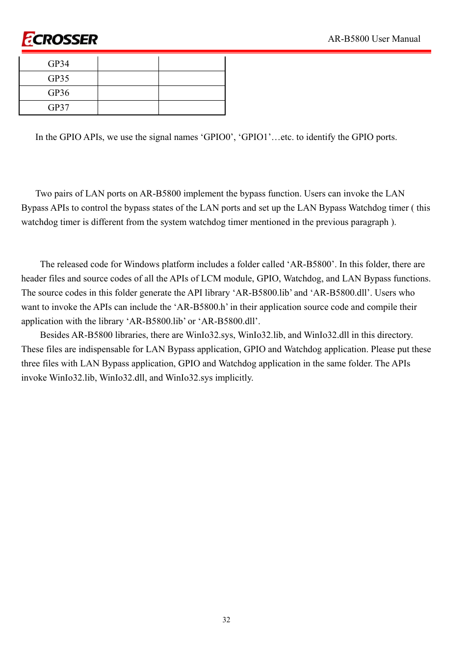 Lan bypass subsystem, Overview, Ar-b5800 library (window platform only) | Acrosser AR-R5800A User Manual | Page 32 / 40