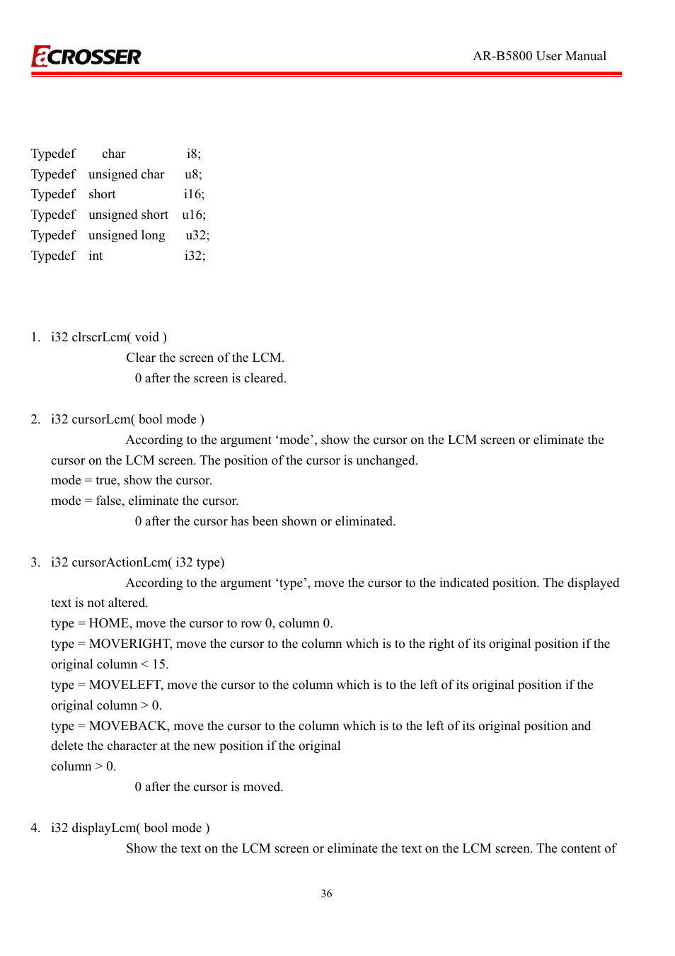 3 api list and descriptions, Type definitions, Lcd control module | Api list and descriptions | Acrosser AR-R5800A User Manual | Page 36 / 40