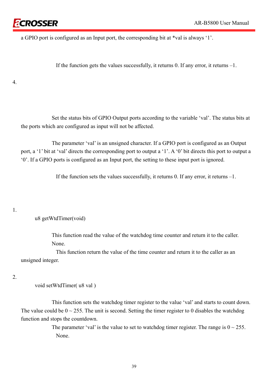 Watchdog, I32 setchlevel( u8 val ) | Acrosser AR-R5800A User Manual | Page 39 / 40