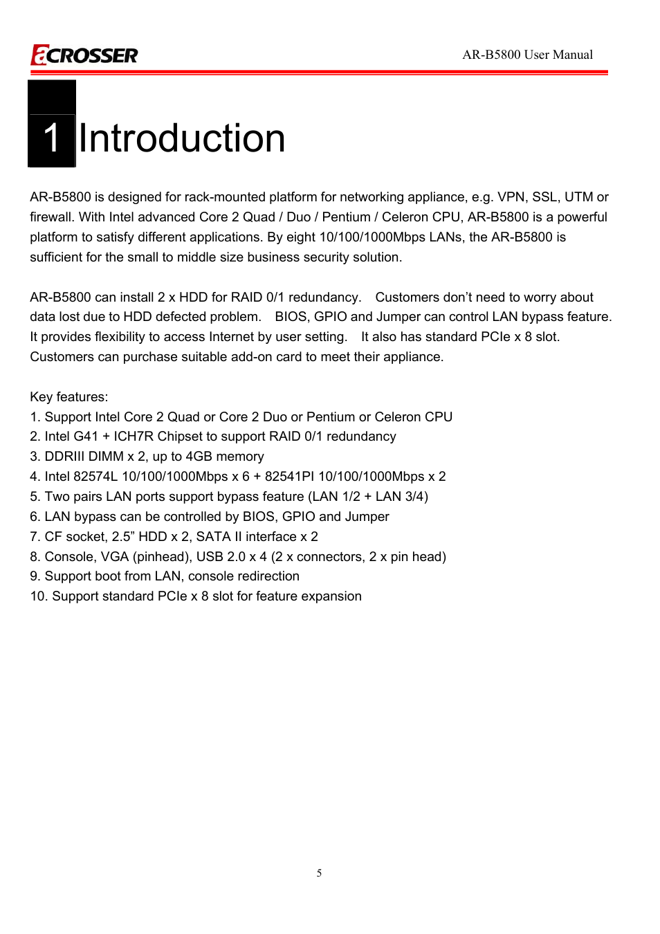 1 introduction, 1introduction | Acrosser AR-R5800A User Manual | Page 5 / 40