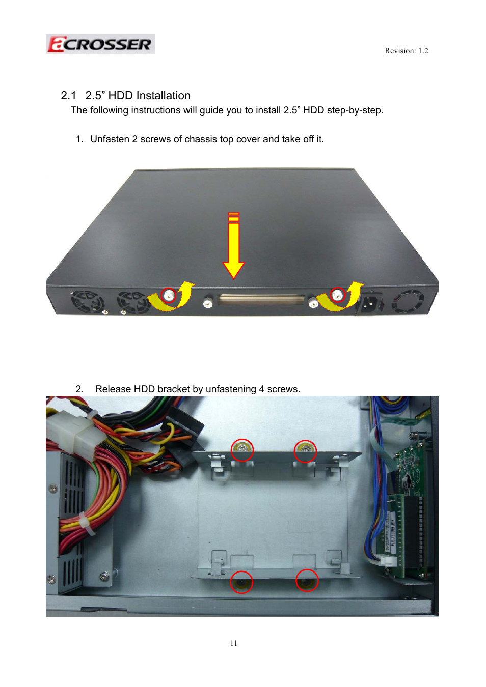 1 2.5” hdd installation, 2 procedures of assembly/disassembly, 5” hdd installation | Acrosser AR-R5800A User Manual | Page 11 / 58