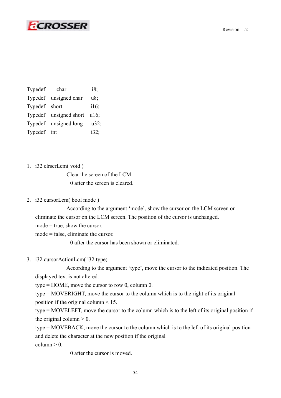 3 api list and descriptions, Type definitions, Lcd control module | Api list and descriptions | Acrosser AR-R5800A User Manual | Page 54 / 58