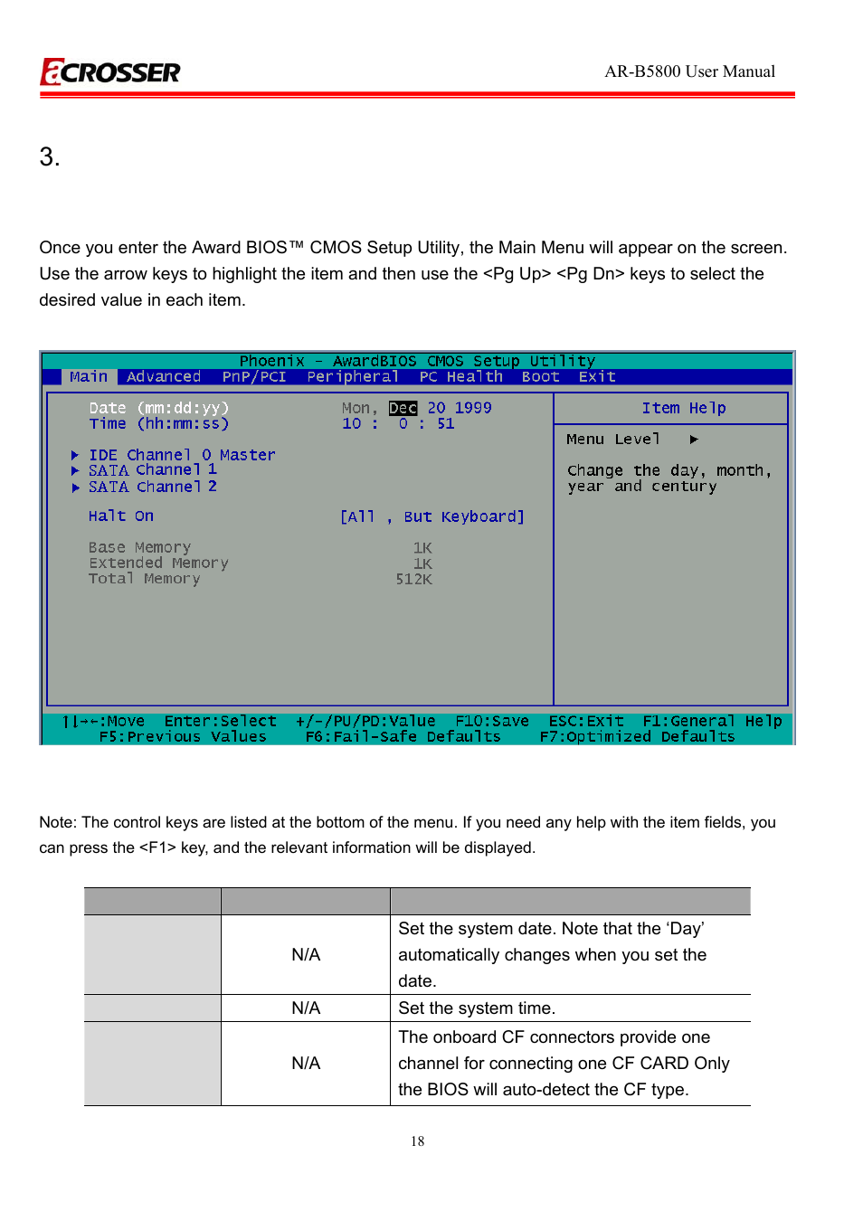 1 main setup, Date setup, Time setup | Ide channel 0 master | Acrosser AR-R5800 User Manual | Page 18 / 40