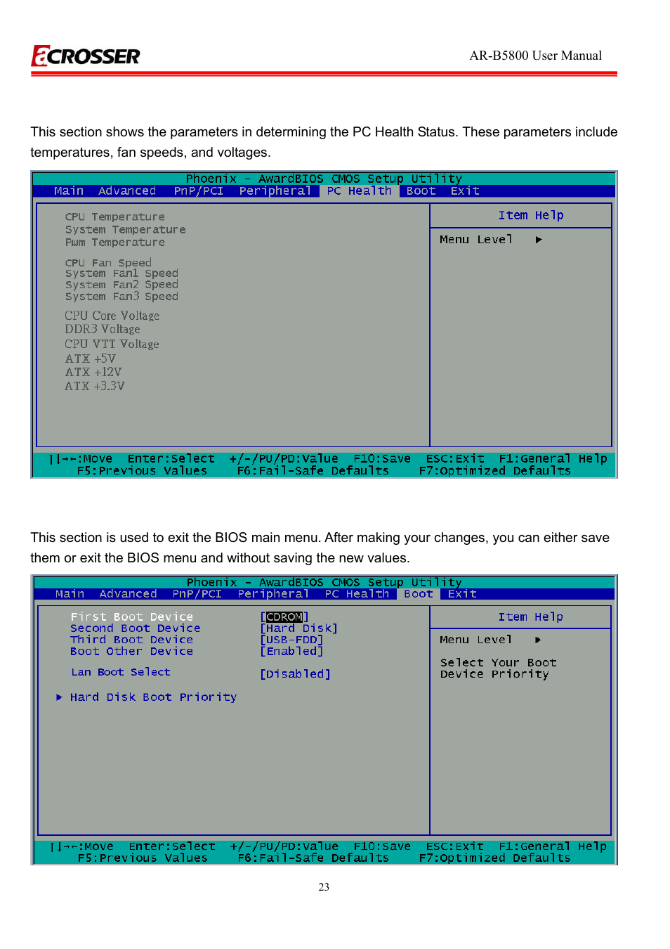 5 pc health setup, 6 boot setup | Acrosser AR-R5800 User Manual | Page 23 / 40