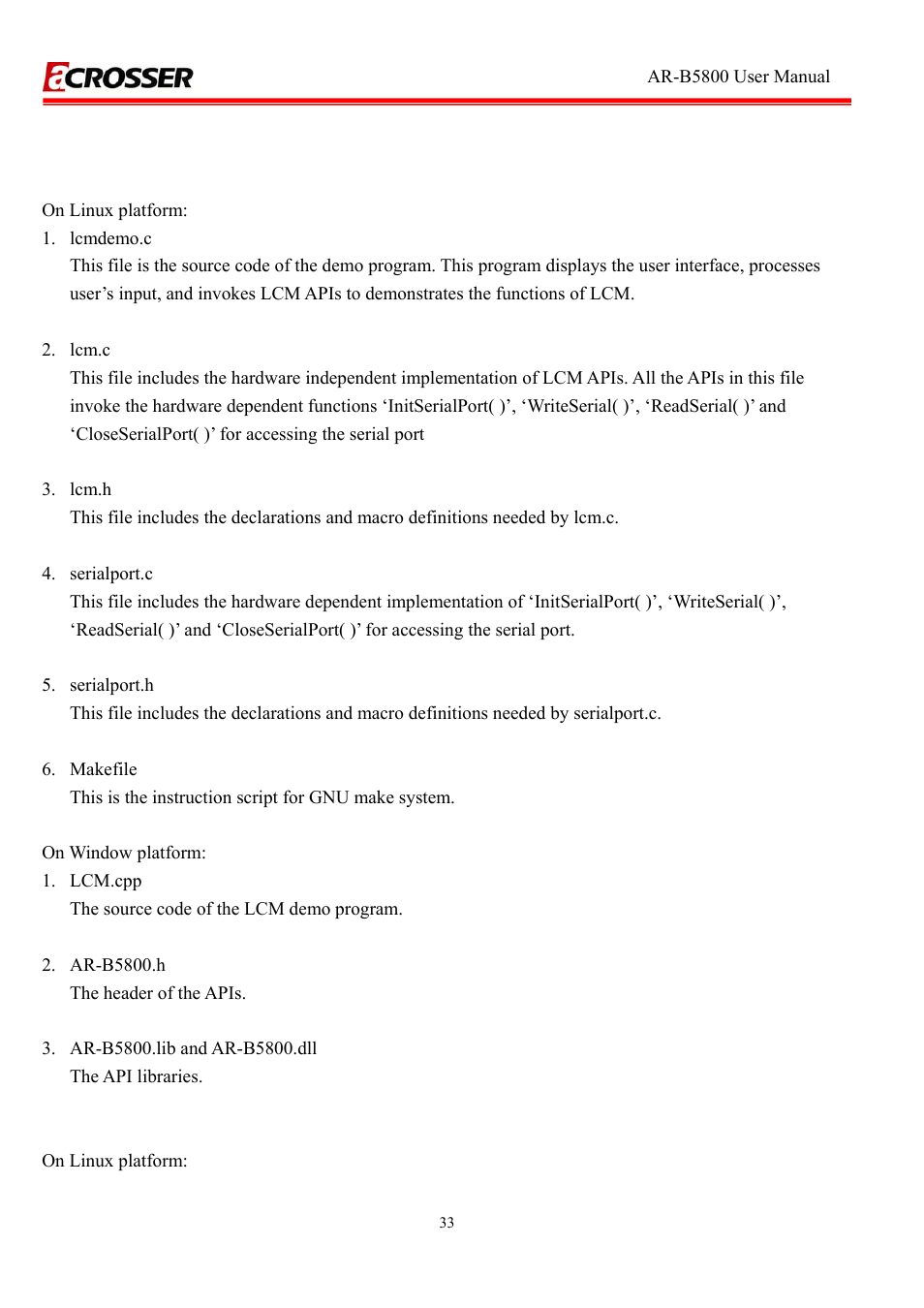 2 file descriptions, Lcd control module, Gpio and watchdog | File descriptions | Acrosser AR-R5800 User Manual | Page 33 / 40