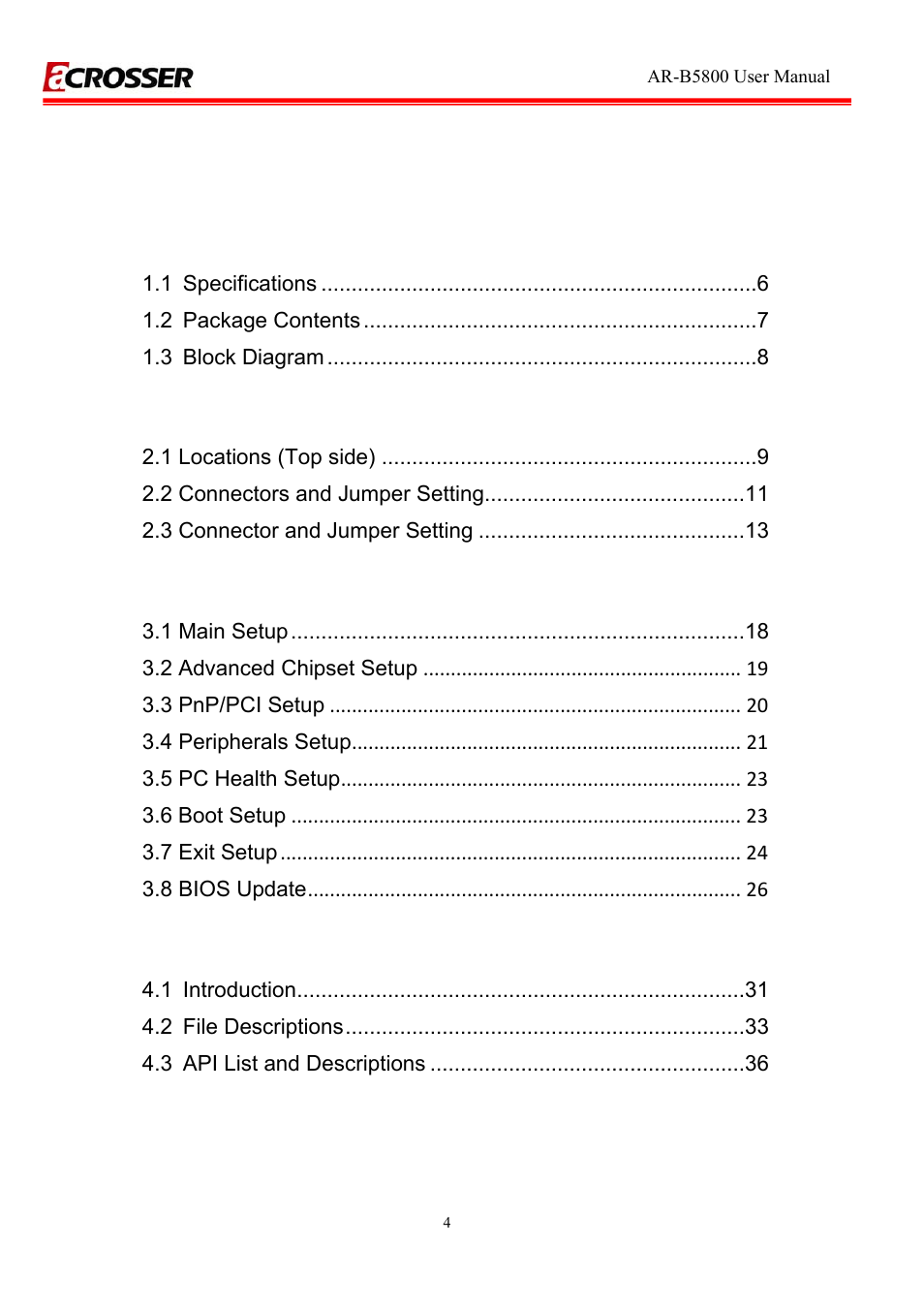 Table of contents 1 introduction, 2 h/w information, 3 bios setting | 4 software installation and programming guide31 | Acrosser AR-R5800 User Manual | Page 4 / 40