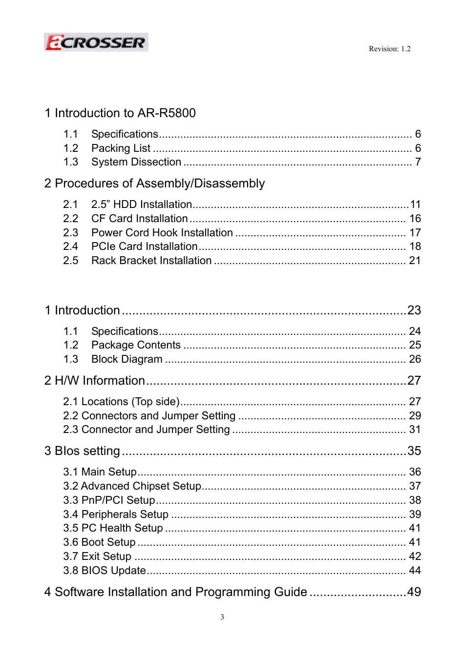 System installation guide, Board guide, 2 procedures of assembly/disassembly | 1introduction, 2h/w information, 3bios setting, 4software installation and programming guide | Acrosser AR-R5800 User Manual | Page 3 / 58