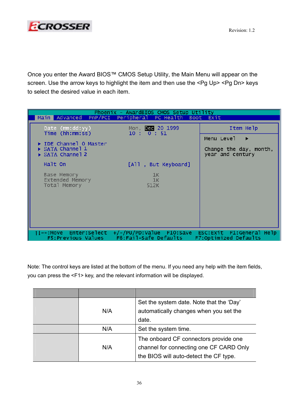 Date setup, Time setup, Ide channel 0 master | 1 main setup | Acrosser AR-R5800 User Manual | Page 36 / 58