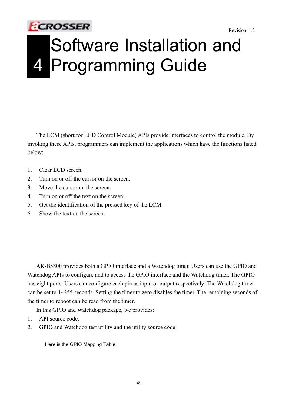 1 introduction, Lcd control module, Overview | Gpio and watchdog, Software installation and programming guide, Introduction, 4software installation and programming guide | Acrosser AR-R5800 User Manual | Page 49 / 58