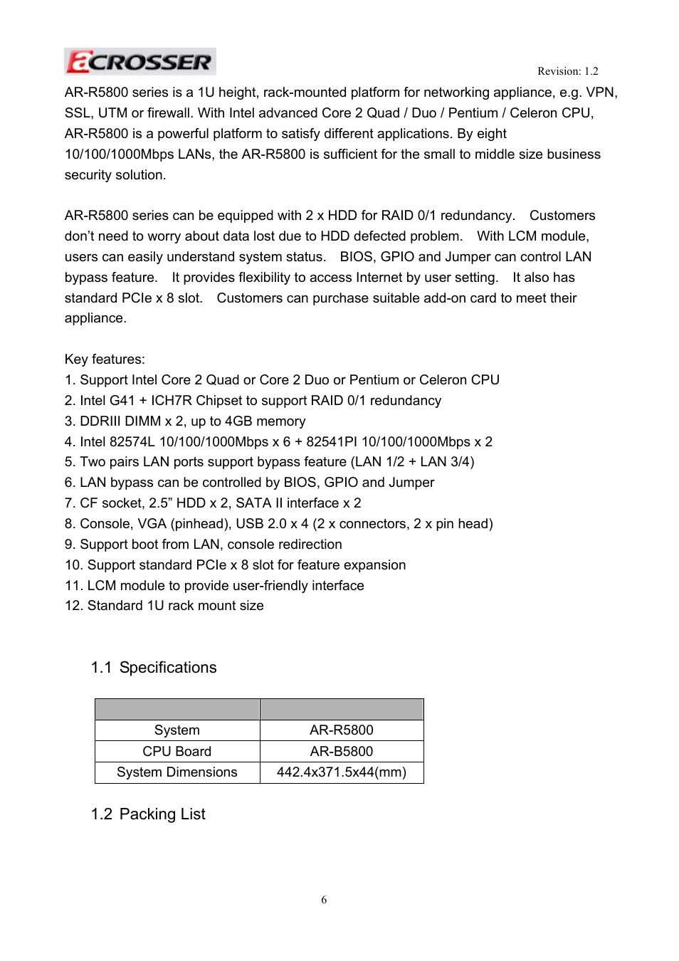 1 specifications, Item, 2 packing list | Specifications, Packing list | Acrosser AR-R5800 User Manual | Page 6 / 58