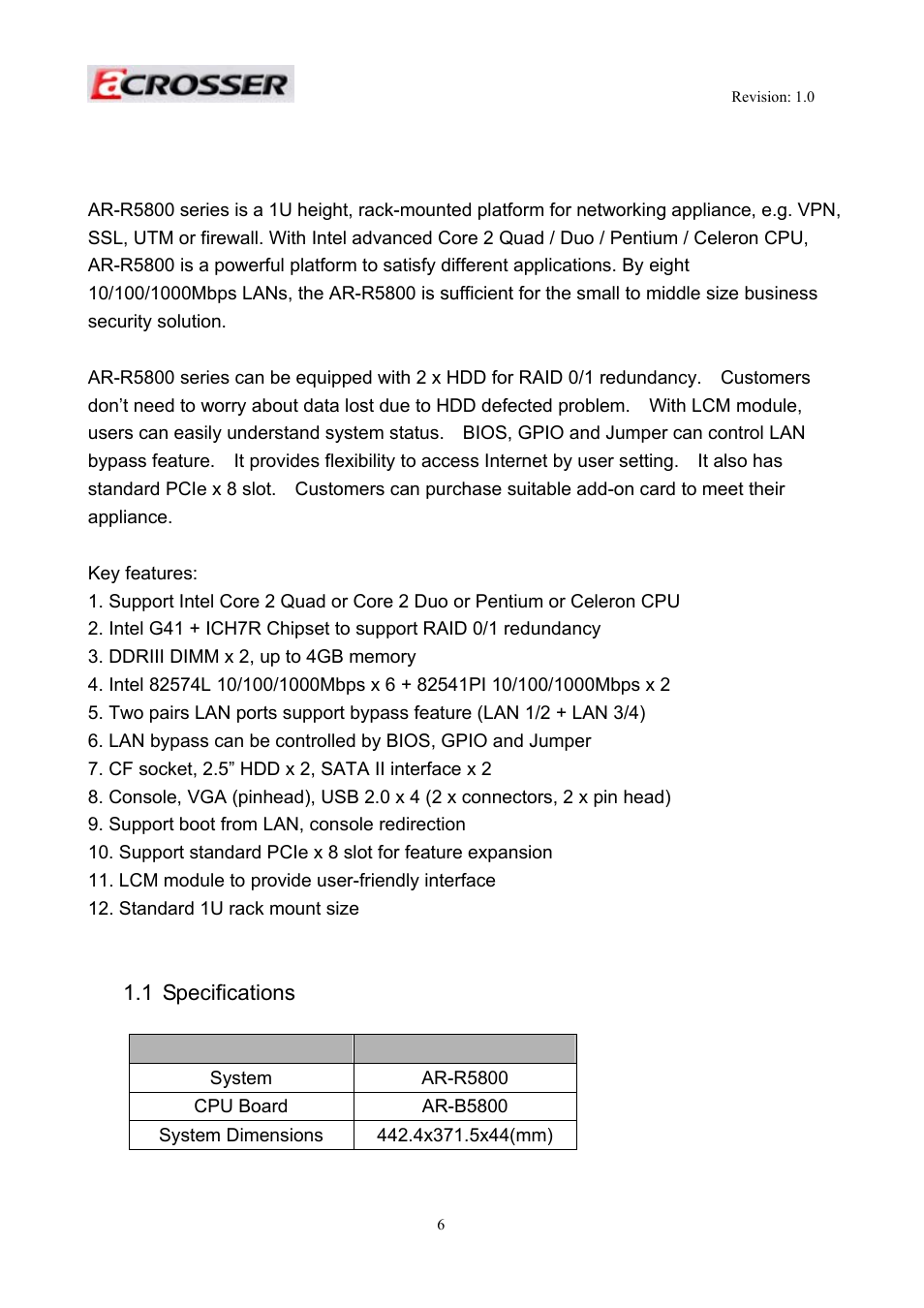 1 specifications, Item, 1 introduction to ar-r5800 | Specifications | Acrosser AR-R5800 User Manual | Page 6 / 58