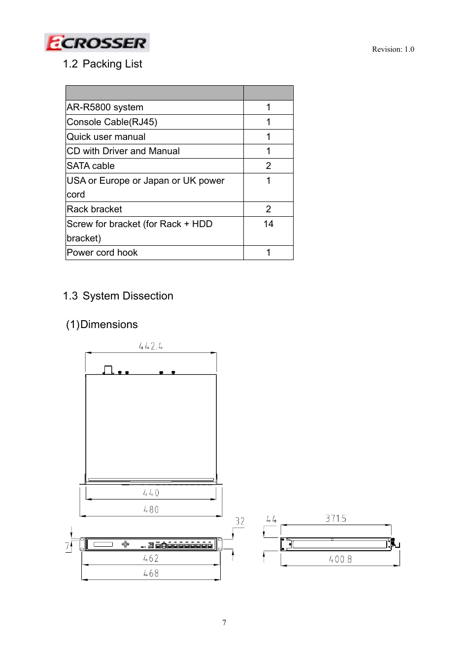 2 packing list, Description, 3 system dissection | Packing list, System dissection | Acrosser AR-R5800 User Manual | Page 7 / 58