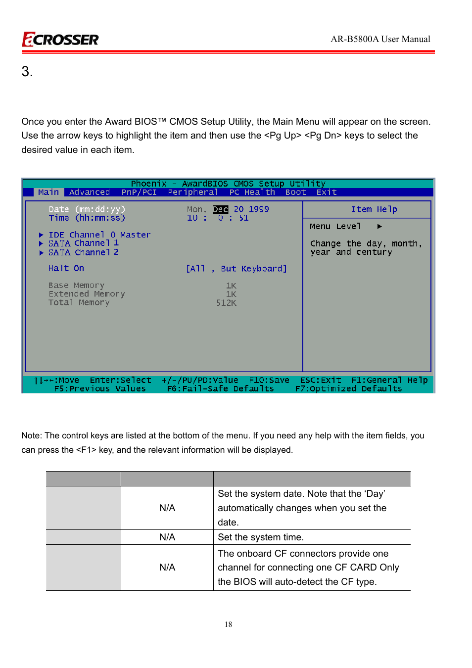 1 main setup, Date setup, Time setup | Ide channel 0 master | Acrosser AR-R5800A User Manual | Page 18 / 40