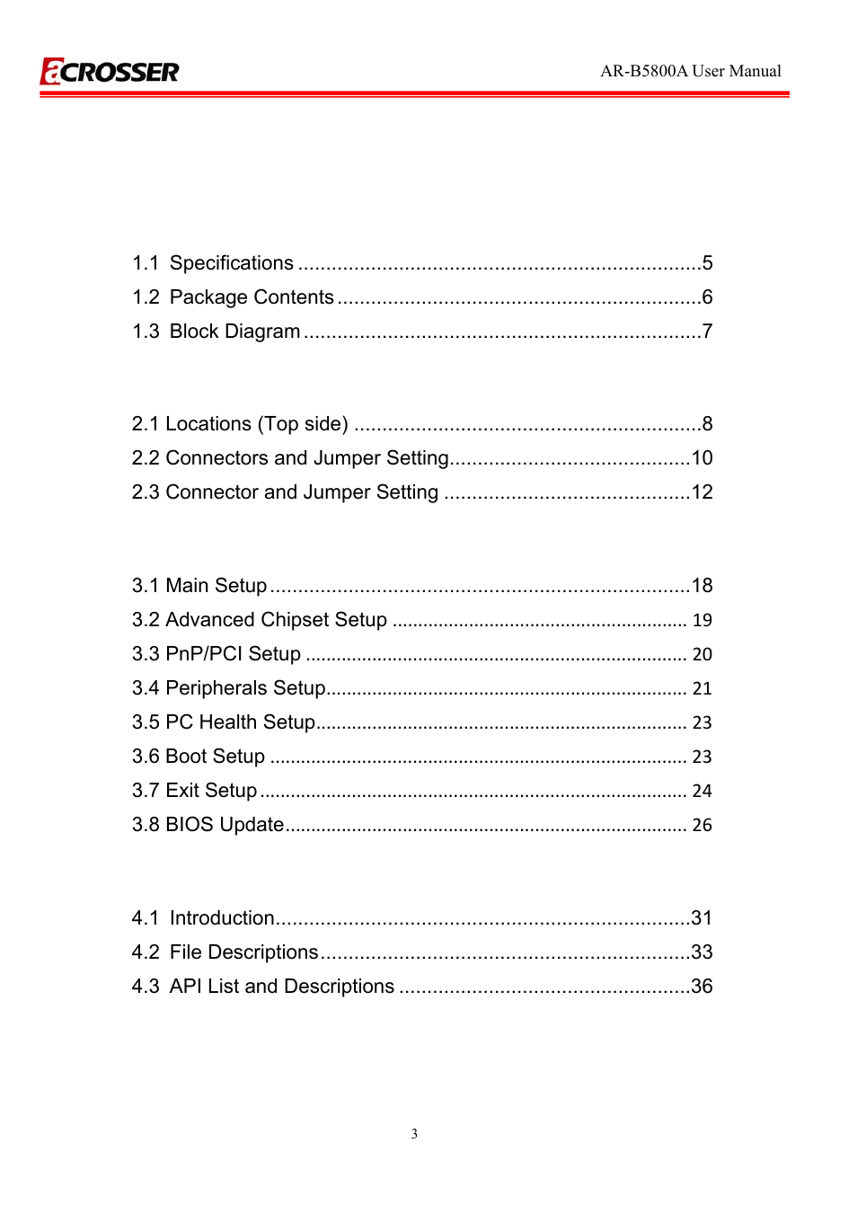 Table of contents 1 introduction, 2 h/w information, 3 bios setting | 4 software installation and programming guide31 | Acrosser AR-R5800A User Manual | Page 3 / 40