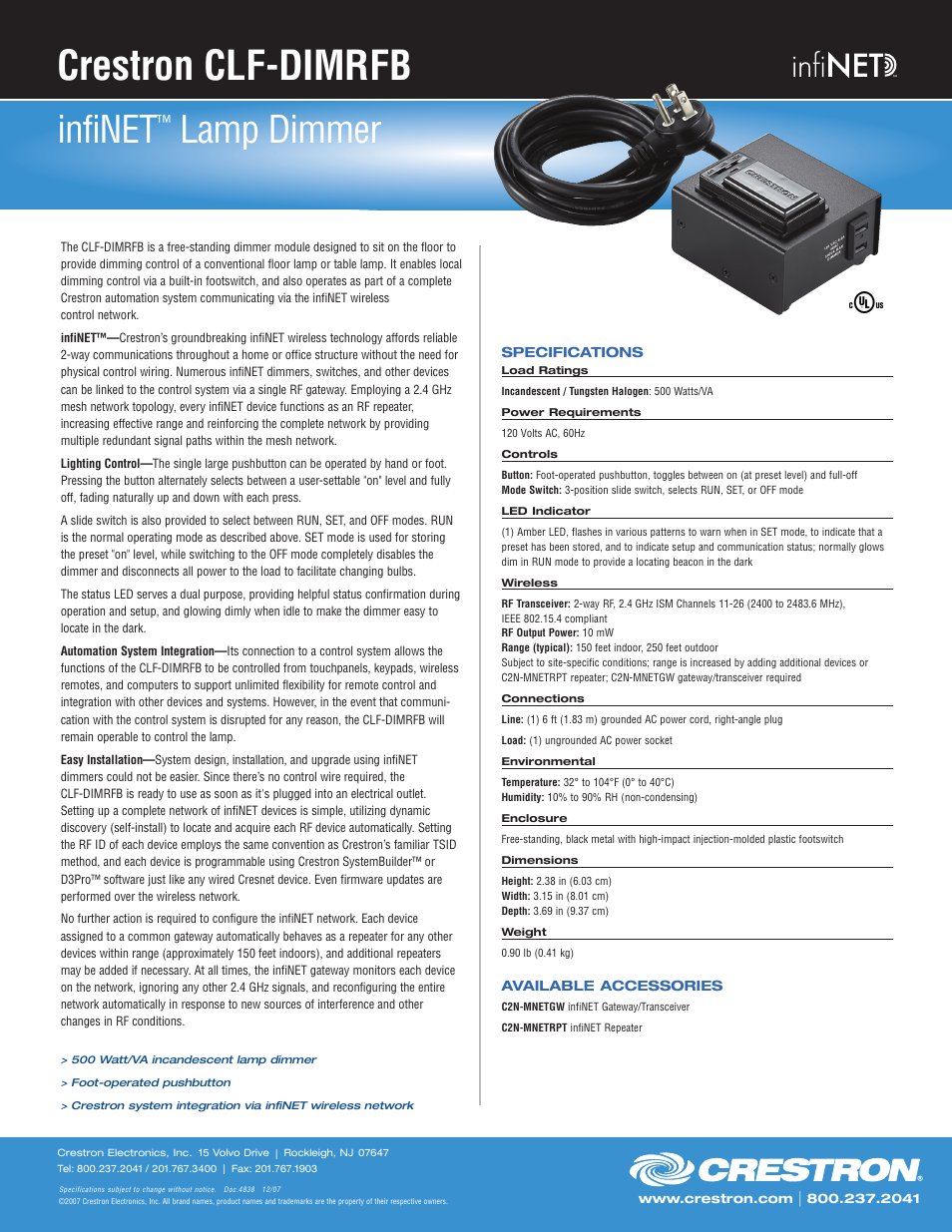 Crestron electronic infiNET Lamp Dimmer CLF-DIMRFB User Manual | 1 page