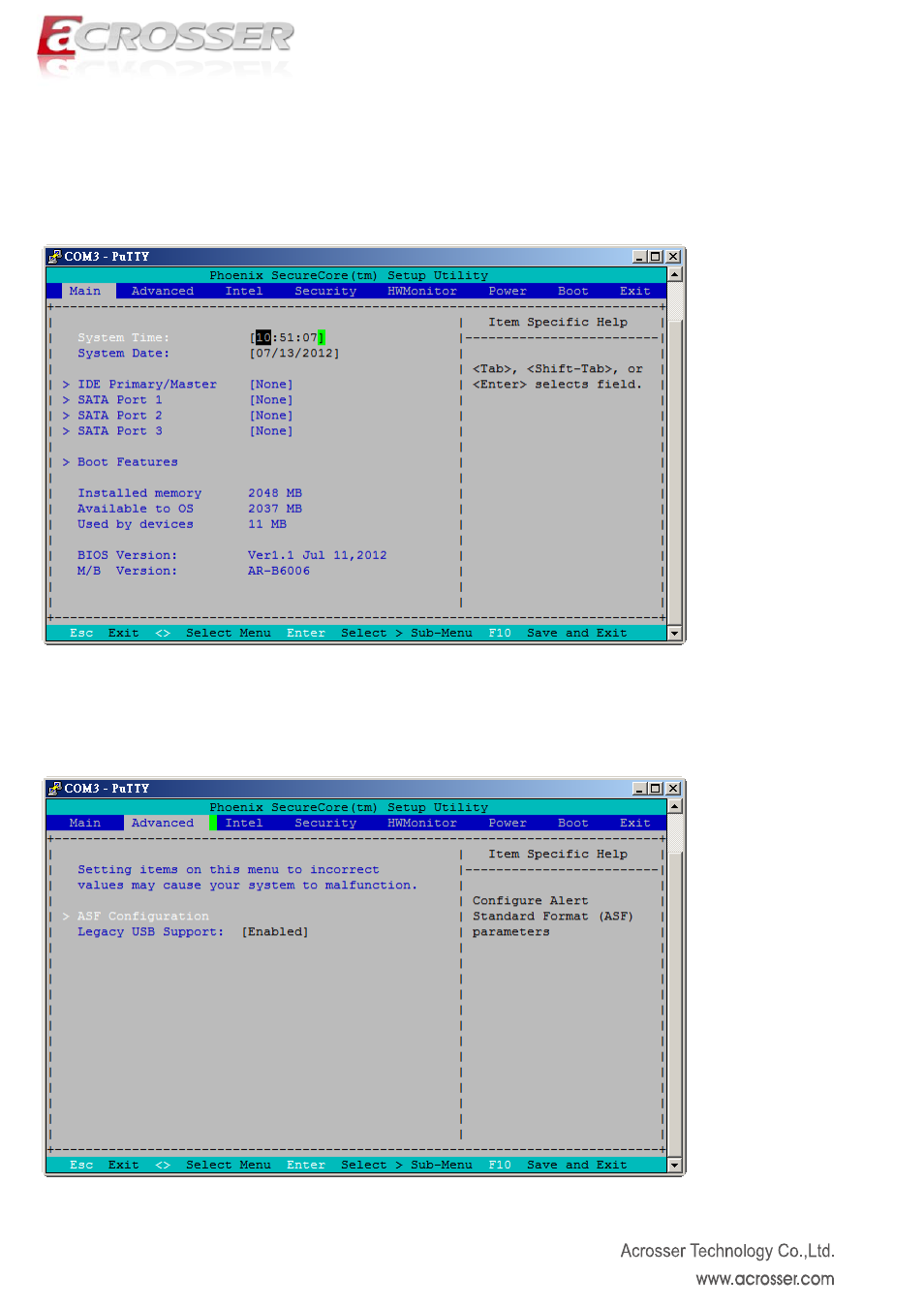 Bios setting, 1 main (system overview), 2 advanced (advanced settings) | Main (system overview), Advanced (advanced settings) | Acrosser AR-R6006 User Manual | Page 14 / 24