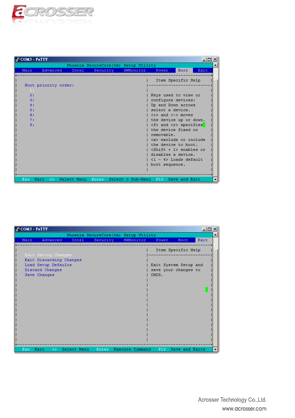 7 boot(boot setting), 8 exit, Boot(boot setting) | Exit | Acrosser AR-R6006 User Manual | Page 17 / 24