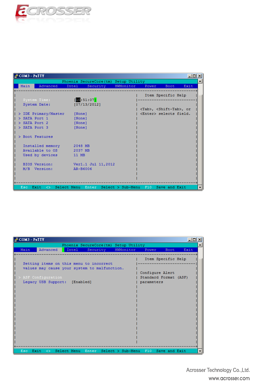 Bios setting, Main (system overview), Advanced (advanced settings) | Acrosser AR-R6006 User Manual | Page 25 / 35