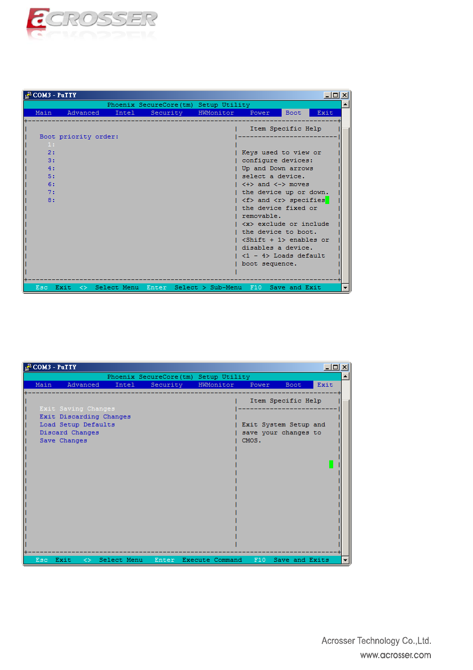 Boot(boot setting), Exit | Acrosser AR-R6006 User Manual | Page 28 / 35