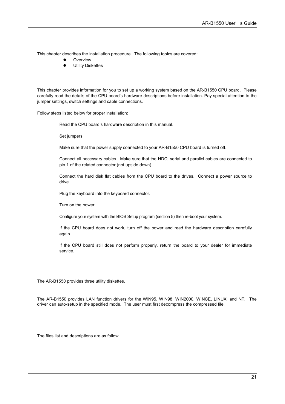 Installation, 1 overview, 2 utility diskette | 1 driver installation | Acrosser AR-B1551 User Manual | Page 23 / 34