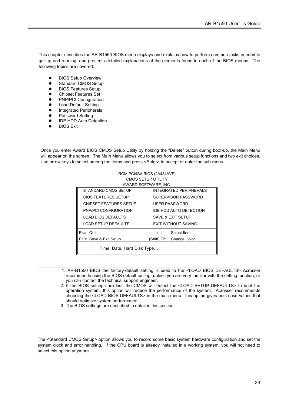 Bios console, 1 bios setup overview, 2 standard cmos setup | Acrosser AR-B1551 User Manual | Page 25 / 34