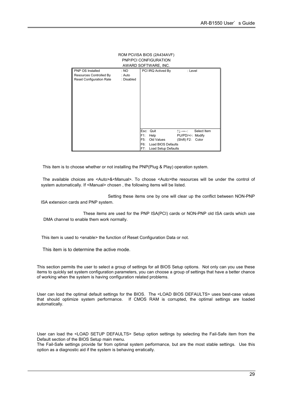 5 pnp/pci configuration, 6 load default setting, 1 load bios defaults | 2 load setup defaults, 6 pnp/pci configuration, 1 load default setting, 2 load bios defaults, 3 load setup defaults | Acrosser AR-B1551 User Manual | Page 31 / 34