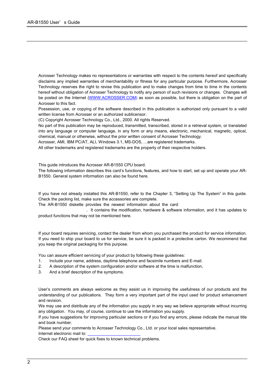 Preface, 1 copyright notice and disclaimer, 2 welcome to the ar-b1550 cpu board | 3 before you use this guide, 4 returning your board for service, 5 technical support and user comments | Acrosser AR-B1551 User Manual | Page 4 / 34