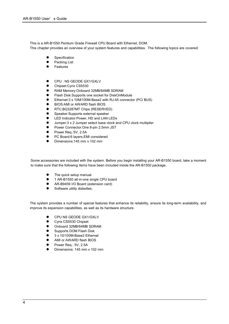 Overview, 2 packing list, 3 features | 1 specification | Acrosser AR-B1551 User Manual | Page 6 / 34