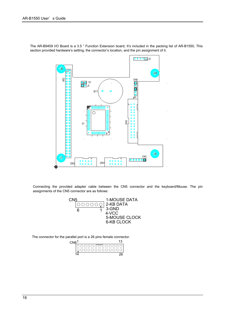 12 ps/2 connector (cn5), 13 parallel port connector (cn8) | Acrosser AR-B1550 User Manual | Page 20 / 32
