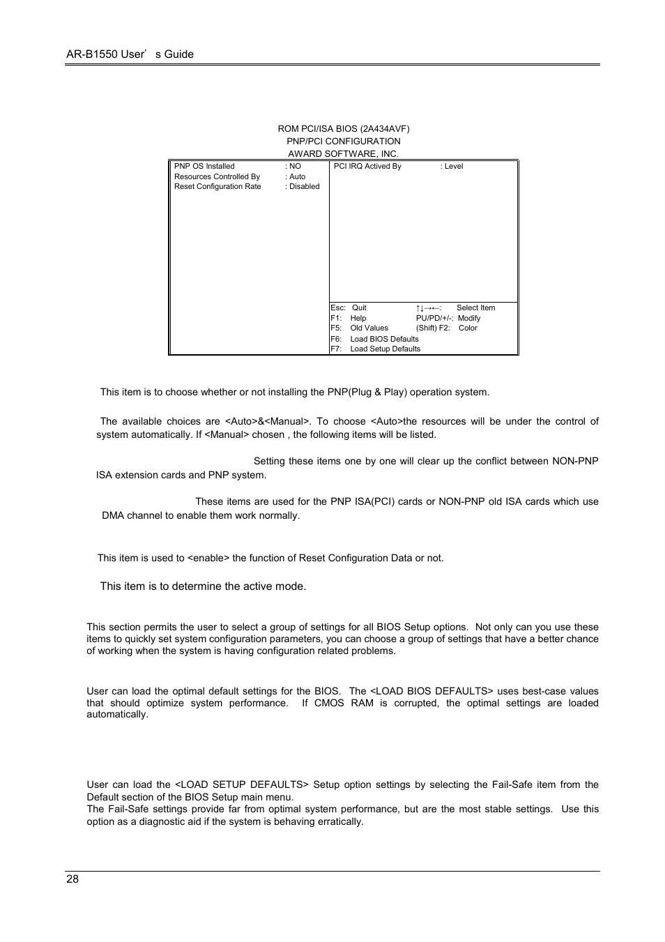 5 pnp/pci configuration, 6 load default setting, 1 load bios defaults | 2 load setup defaults | Acrosser AR-B1550 User Manual | Page 30 / 32