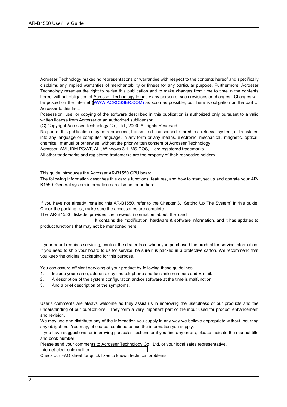 Preface, 1 copyright notice and disclaimer, 2 welcome to the ar-b1550 cpu board | 3 before you use this guide, 4 returning your board for service, 5 technical support and user comments | Acrosser AR-B1550 User Manual | Page 4 / 32